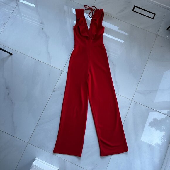 Crave Fame | Red Jumpsuit | Medium | Ruffle Plunge Neckline | Wide Leg - Picture 2 of 16